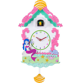 家用卧室金属复古机芯静音石英钟简约布谷鸟挂钟摇摆布谷 954美人鱼