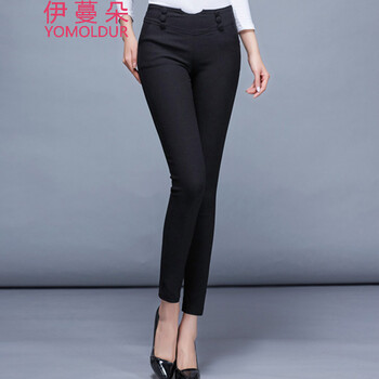伊蔓朵2015秋季时尚高腰修身显瘦小脚弹力铅笔裤K8819 黑色 S