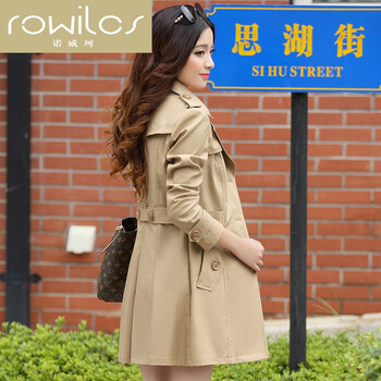 ROWILCS诺威珂欧美时尚女装中长款风衣2015秋新款女装韩版长袖单排扣外套修身上衣潮 卡其 L