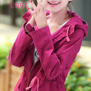 ESVT韩版2015秋装新款时尚印花修身显瘦抽绳收腰连帽翻领长袖中长款风衣 女 梅红色 L