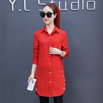 新款春秋春款春装衬衫衣服女衫土长袖衬衣女装中长款洋气小衫 红色 s