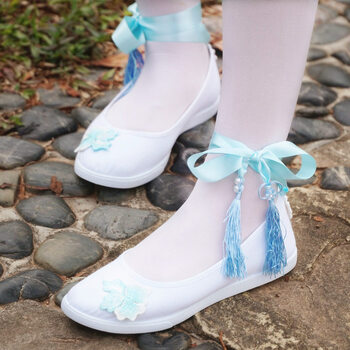 2018年春季新款古风改良汉服鞋子女百搭配古装白色帆布鞋平底坡跟绑