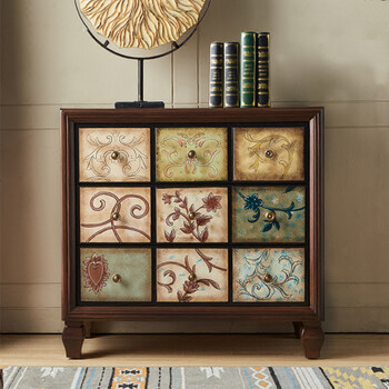 美式乡村五斗柜地中海复古抽屉式收纳柜卧室彩绘储物实木玄关柜子 三