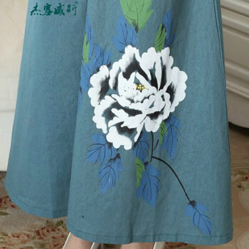 
                                        杰塞威斯 女装中国风复古插袋棉麻松紧腰大摆裙长裙手绘 半身裙女 TP0010# 如图 M                