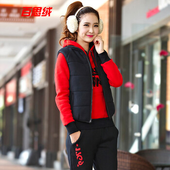
                                        百思绒 秋冬新款字母印花加厚加绒连帽大码卫衣三件套运动服休闲套装女装 红黑色 M                