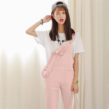 
                                        弥黛诗 背带裤女2018夏季新款学院风休闲弹力牛仔裤长裤女 粉红色 S【建议76-92斤】                