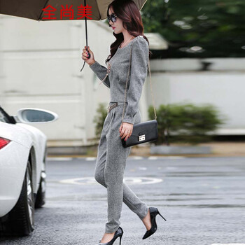 全尚美  2015秋季女装上衣长裤两件套韩版时尚休闲职业套装秋A1254 深卡其布色 M