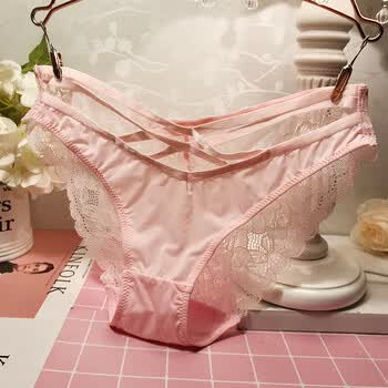 粉色少女系 欧美蕾丝透明舒适冰丝网纱内裤女 性感三角裤棉档 白色