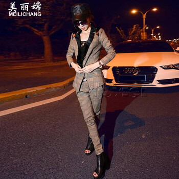 美丽嫦2015秋新款女款格子拼接运动服休闲套装韩版时尚 图片色 XL