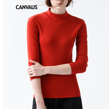 
                                                            CANVAUS秋冬新款半高领修身纯色打底衫女长袖 棉t恤上衣F130A 白色 S                