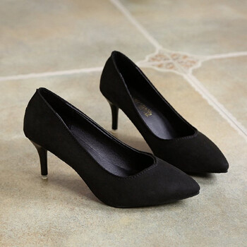 凌登2018新款 尖头高跟鞋超细跟 黑色公主鞋10cm绒面浅口工作鞋单鞋女