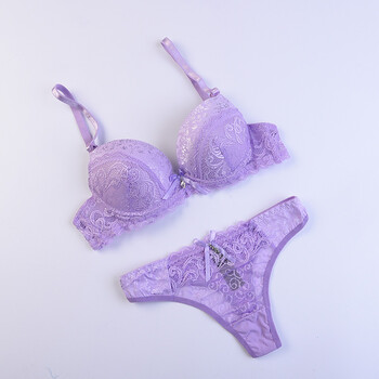 甜美丁字裤文胸内衣套装性感蕾丝透气薄款收副乳小胸聚拢胸罩 紫色 36