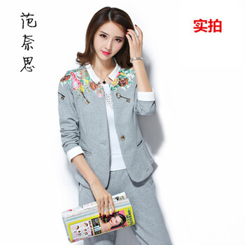 春秋冬装新款韩版大码女装棉质小西服三件套装修身显瘦时尚运动休闲三件套装女 浅灰色 XL