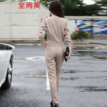 全尚美  2015秋季女装上衣长裤两件套韩版时尚休闲职业套装秋A1254 深卡其布色 M