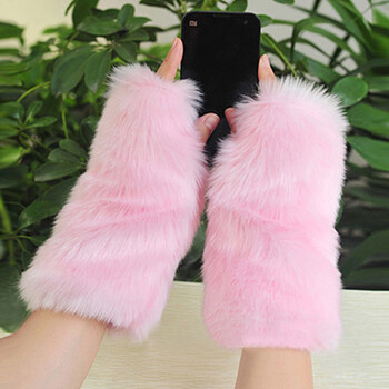 韩版可爱仿兔毛皮草半指手套加厚冬季保暖手臂套加长毛毛手套女生 长