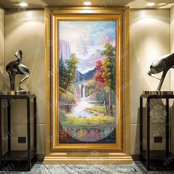 
                                        雅创油画 纯手绘欧式山水风景油画装饰画走廊过道玄关竖版聚宝盆壁画 福禄开运 雪花银框 90X180CM                