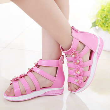 女童凉鞋3-5-8-10-12岁小孩可爱花朵厚底儿童凉鞋公主鞋罗马凉鞋 桃
