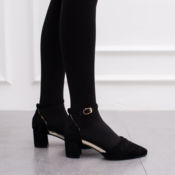 蒙一字扣高跟凉鞋2018春季新款尖头粗跟单鞋浅口绒面包头女鞋 黑色 35