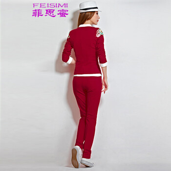 菲思蜜20105春装新款女装小西服三件套修身显瘦运动套装时尚休闲 红色 L