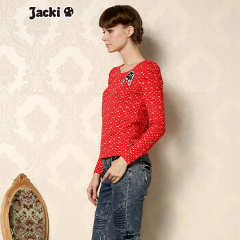 Jacki O甜美蝴蝶结印花泡泡袖圆领针织衫 B1N1A0201KT 红色(花布)-199 M