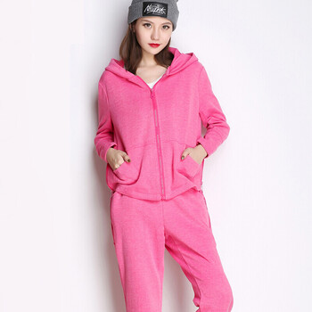 秋装韩版运动套装女装0新款时尚潮宽松胖mm休闲运动服两件套 玫粉色