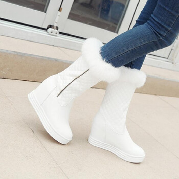 冬季中跟平底白色加绒加厚兔毛内增高长靴雪地靴女中筒靴保暖棉靴