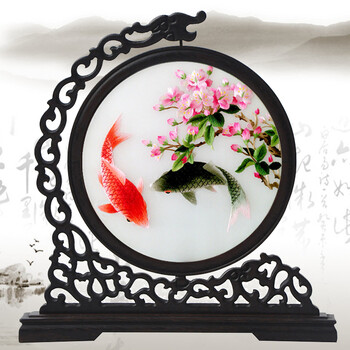 苏绣桃花锦鲤双面绣摆件出国礼物特色工艺品 苏州旅游纪念品j1sn7350