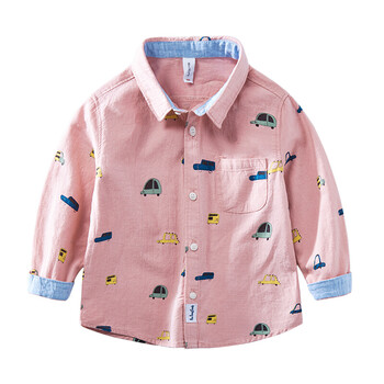 童装男童长袖衬衫新宝宝百搭卡通翻领衬衣儿童休闲上衣春季 粉红色