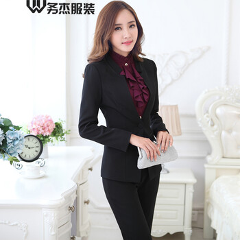 务杰 春秋装新款修身小西装外套女长袖职业装 女装套装工作服 黑色外套+西裤 L