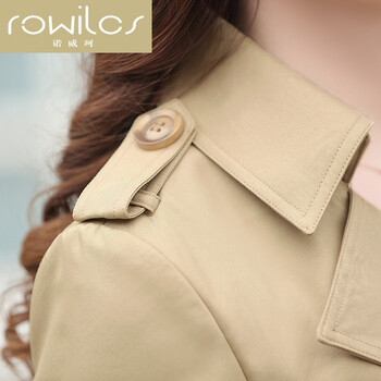 ROWILCS诺威珂欧美时尚女装中长款风衣2015秋新款女装韩版长袖单排扣外套修身上衣潮 卡其 L