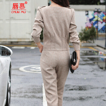 唇慕 2016秋女韩版修身时尚职业装两件套名媛上衣长裤套装 深灰色 L