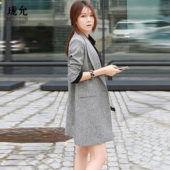 珑允2015秋装新款小西服休闲外套韩版中长款修身显瘦薄西装女 灰色 XL