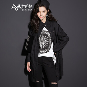 七格格秋新品工装风衣 中长款个性时尚街头风衣 女 黑色 M