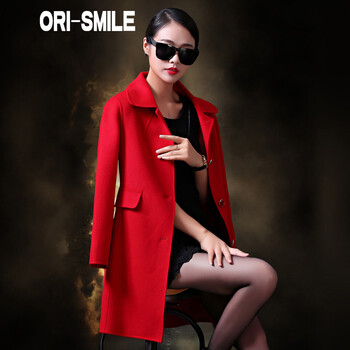 ORI-SMILE 2015冬装新款双面呢羊绒大衣中长款加厚毛呢女大码女装外套 大红色 S