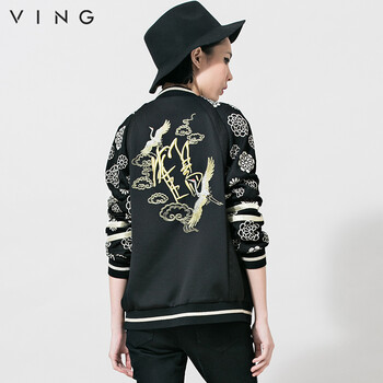 
                                        VING春装新款高端女装刺绣棒球服时尚运动衫修身短款外套夹克9531411011 黑色 XL                