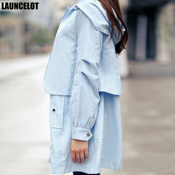 LAUNCELOT 2015秋装新款韩版收腰连帽修身中长款外套风衣女 湖蓝色 M