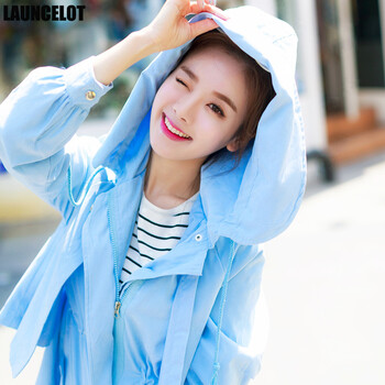 LAUNCELOT 2015秋装新款韩版收腰连帽修身中长款外套风衣女 湖蓝色 M