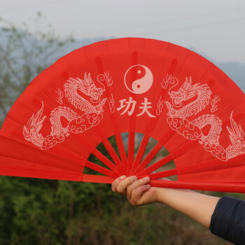 功夫扇子塑料骨响扇太极扇红色武术扇太极演出木兰扇双扇折扇 红色