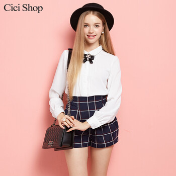 CiciShop2015秋冬小清新百搭甜美蝴蝶结长袖雪纺打底衬衫7910 白色 S