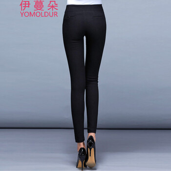 伊蔓朵2015秋季时尚高腰修身显瘦小脚弹力铅笔裤K8819 黑色 S