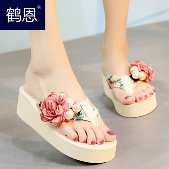 鹤恩甜美风学生厚底拖鞋女夏季新款5cm中高跟人字拖鞋女坡跟凉拖时尚