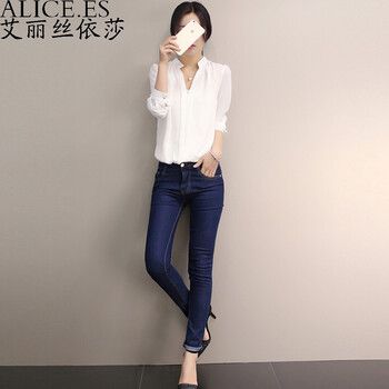 艾丽丝依莎 2016秋季新款女装时尚百搭V领长袖雪纺衫修身OL打底衫衬衣百搭气质白色衬衫女 白色 XL