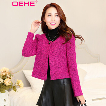 OEHE 2015秋装新款韩版修身上衣女时尚显瘦圆领长袖短外套 梅红 M