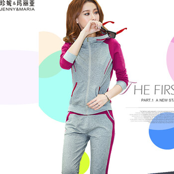 珍妮&玛丽亚 2015秋款连帽开衫卫衣潮运动服套装 2017 紫红色 L
