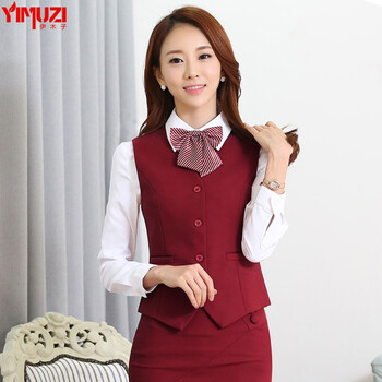 伊木子春款马甲套装女银行酒店前台服务员工作服职业装马甲女952M 红马甲+半裙+衬衫 XL