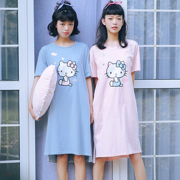 心粉红豹睡裙女夏季纯棉可爱短袖中长款宽松学生闺蜜睡衣 蓝色hello