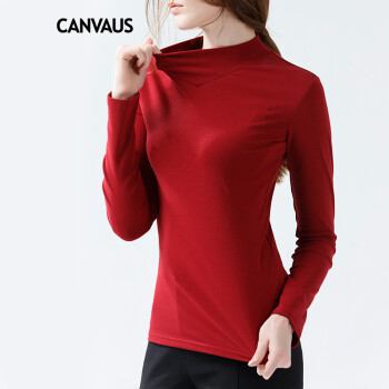 
                                                            CANVAUS秋冬新款半高领修身纯色打底衫女长袖 棉t恤上衣F130A 白色 S                