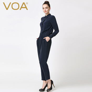 
                                                            VOA女装 40姆米杭州重磅真丝藏青翻领单排扣松紧中腰长袖连身长裤子子K5360 高原藏青(07) 170/XL                