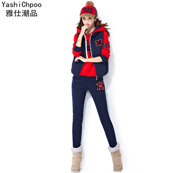 雅仕潮品 秋冬季韩版加绒加厚休闲运动三件套装女士卫衣套装 红色 XL