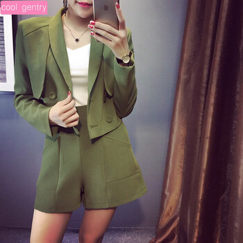 Cool Gentry日韩女装修身显瘦时尚纯色翻领长袖女西装+名媛气质OL通勤短裤两件套装 绿色 M